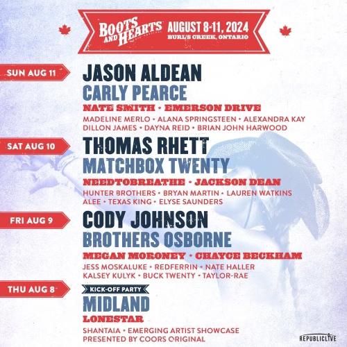 The full lineup poster for the 2024 Boots and Hearts Music Festival