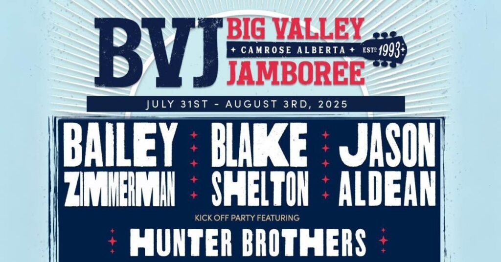 The lineup poster for the 2025 Big Valley Jamboree (BVJ) festival in Alberta